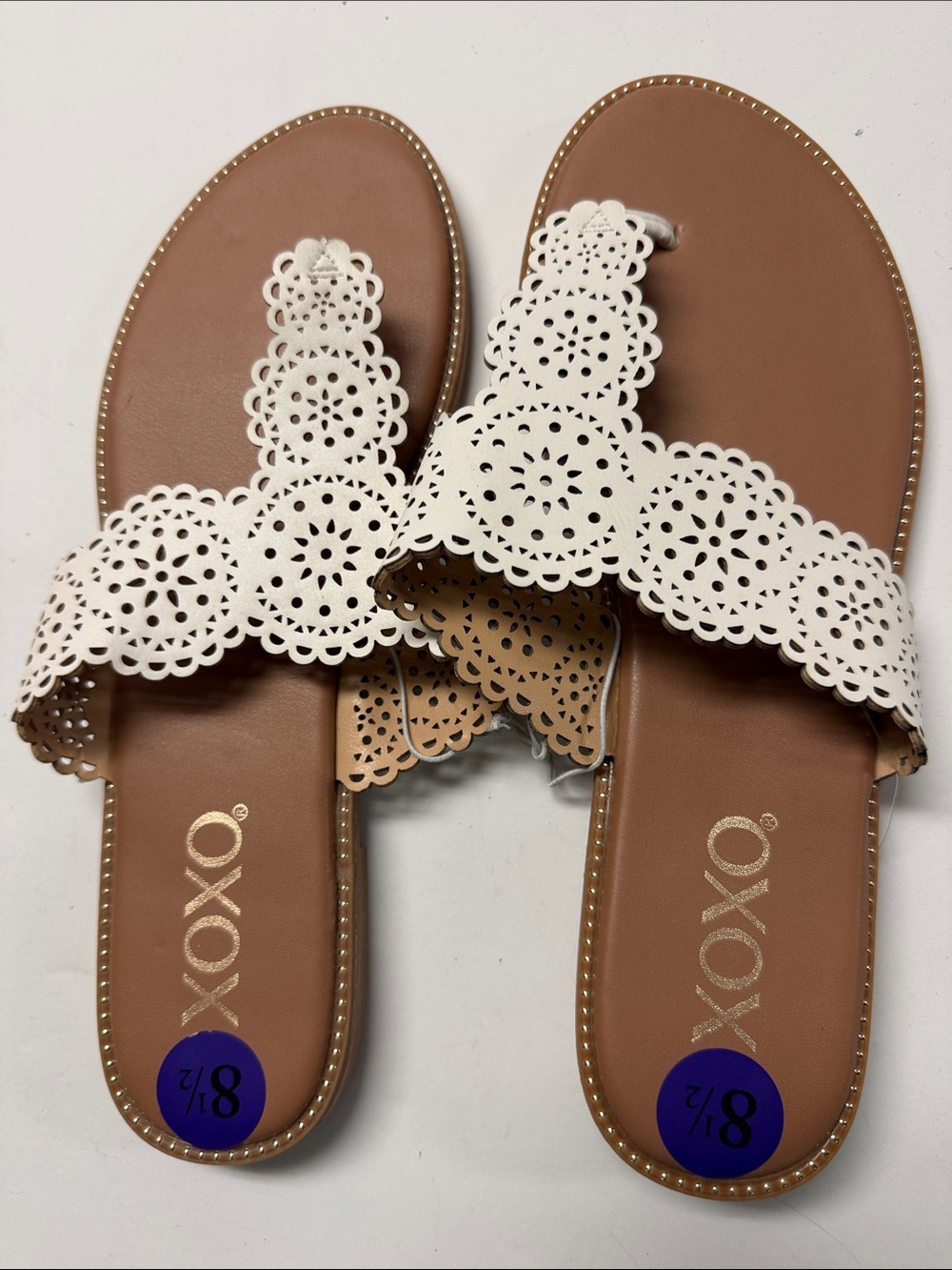 XOXO White Laser-Cut Floral Slide Sandals with Tan Footbed